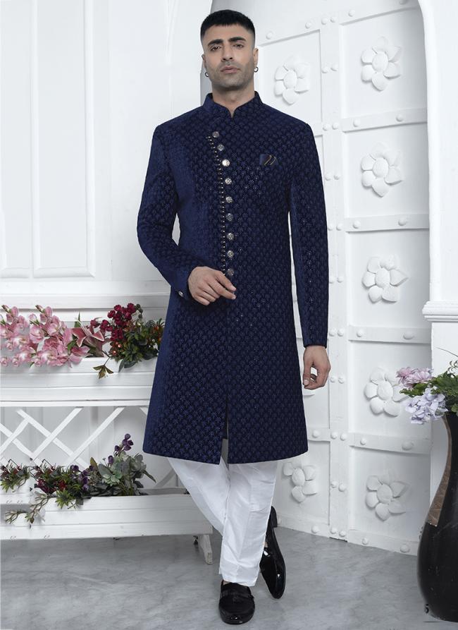 Art Silk Blue Wedding Wear Pattern Pc Readymade Sherwani